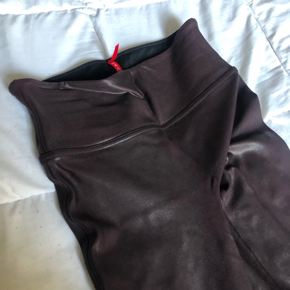 SPANX faux leather leggings, red wine color